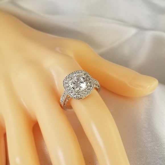 925 Halo Cushion Cut Wedding Engagement Ring Set - Picture 6 of 7